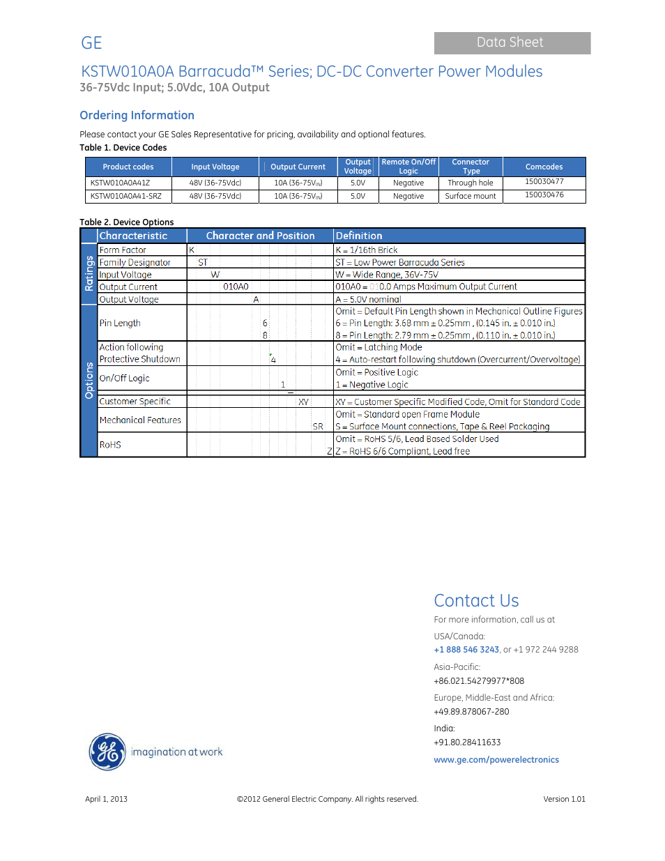Contact us, Data sheet, Ordering information | GE Industrial Solutions KSTW010A0A Barracuda Series User Manual | Page 16 / 16