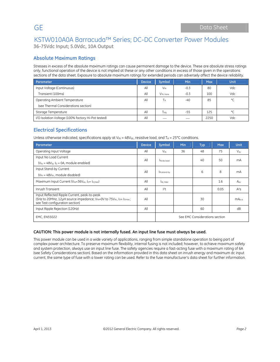 Data sheet, Absolute maximum ratings, Electrical specifications | GE Industrial Solutions KSTW010A0A Barracuda Series User Manual | Page 2 / 16