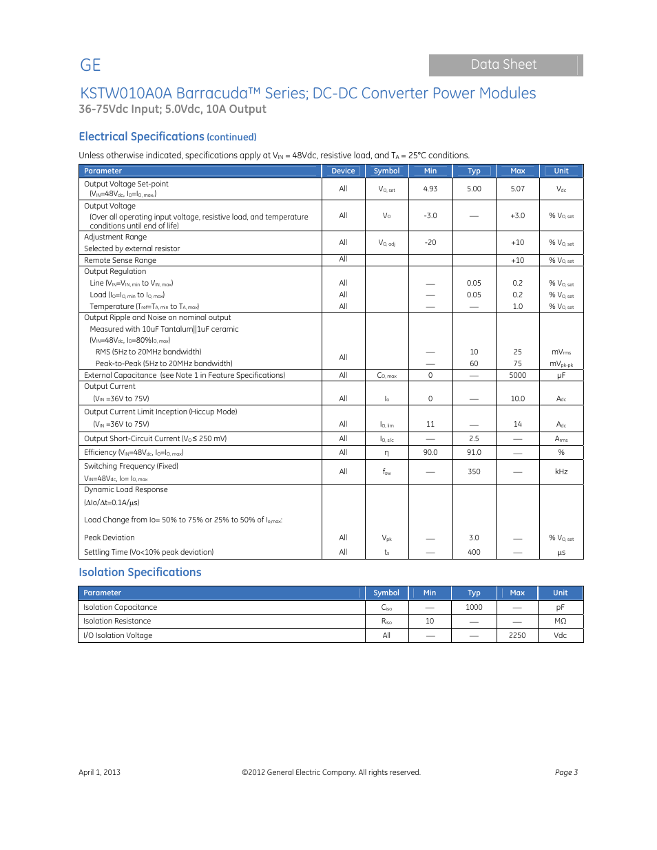 Data sheet, Electrical specifications, Isolation specifications | Continued) | GE Industrial Solutions KSTW010A0A Barracuda Series User Manual | Page 3 / 16