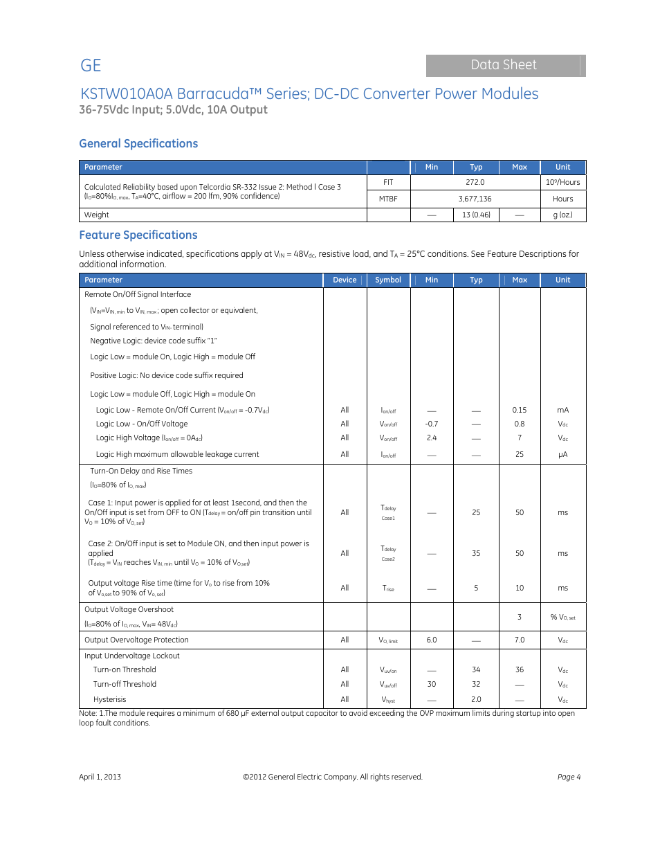 Data sheet, General specifications, Feature specifications | GE Industrial Solutions KSTW010A0A Barracuda Series User Manual | Page 4 / 16