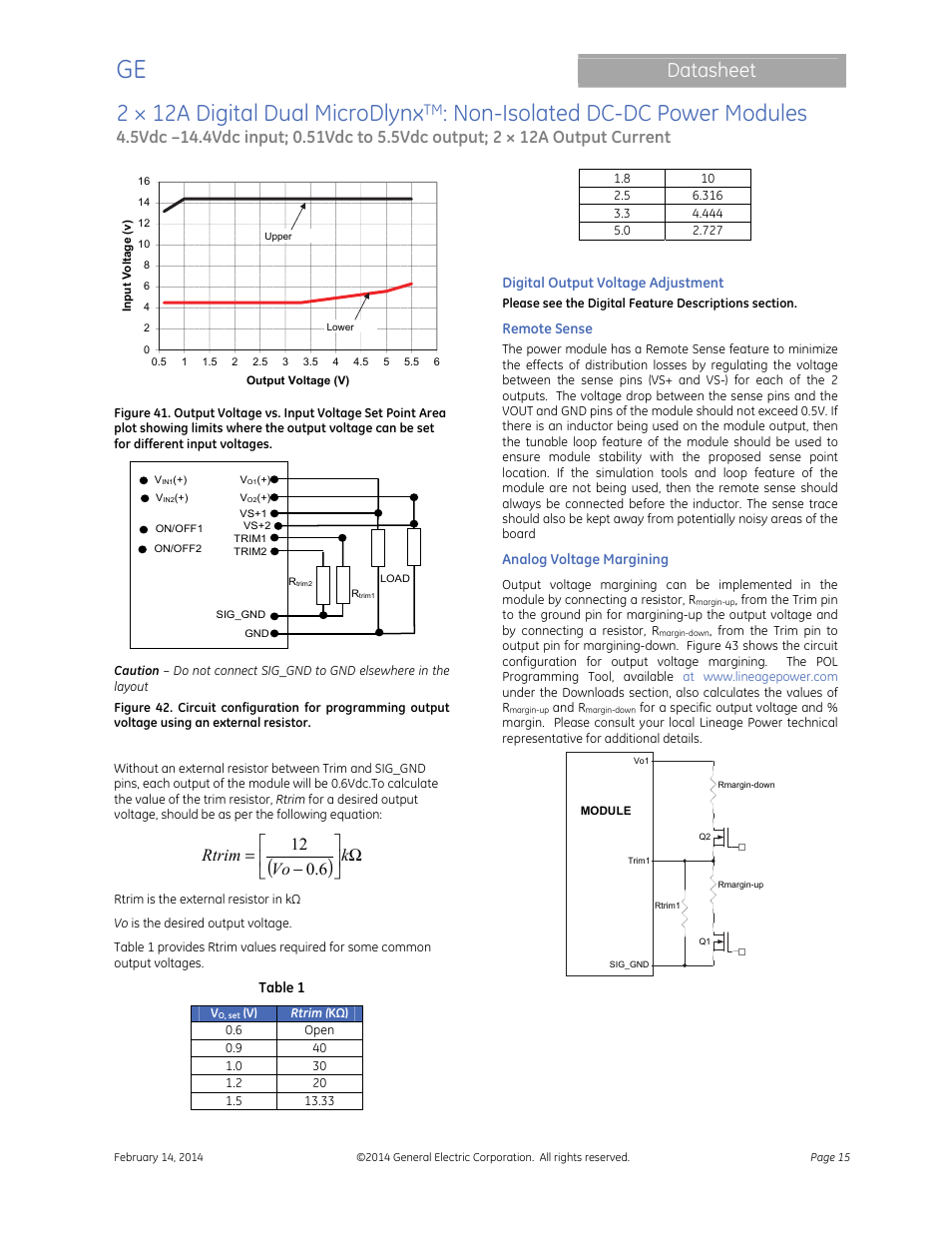 2 × 12a digital dual microdlynx, Non-isolated dc-dc power modules, Datasheet | Ω      − = k vo rtrim 6 . 0 12 | GE Industrial Solutions 2 × 12A Digital Dual Output MicroDLynx User Manual | Page 15 / 36
