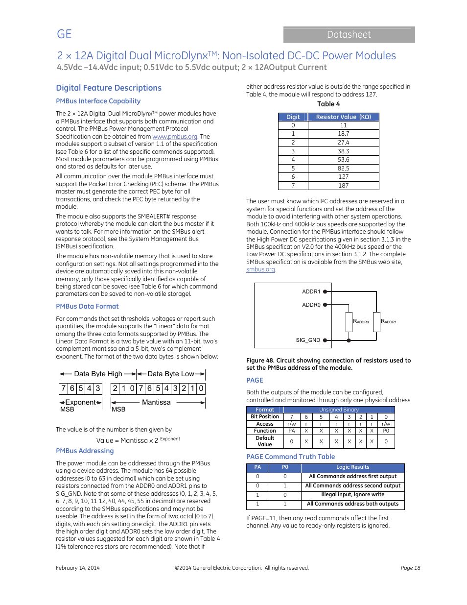 2 × 12a digital dual microdlynx, Non-isolated dc-dc power modules, Datasheet | Digital feature descriptions | GE Industrial Solutions 2 × 12A Digital Dual Output MicroDLynx User Manual | Page 18 / 36
