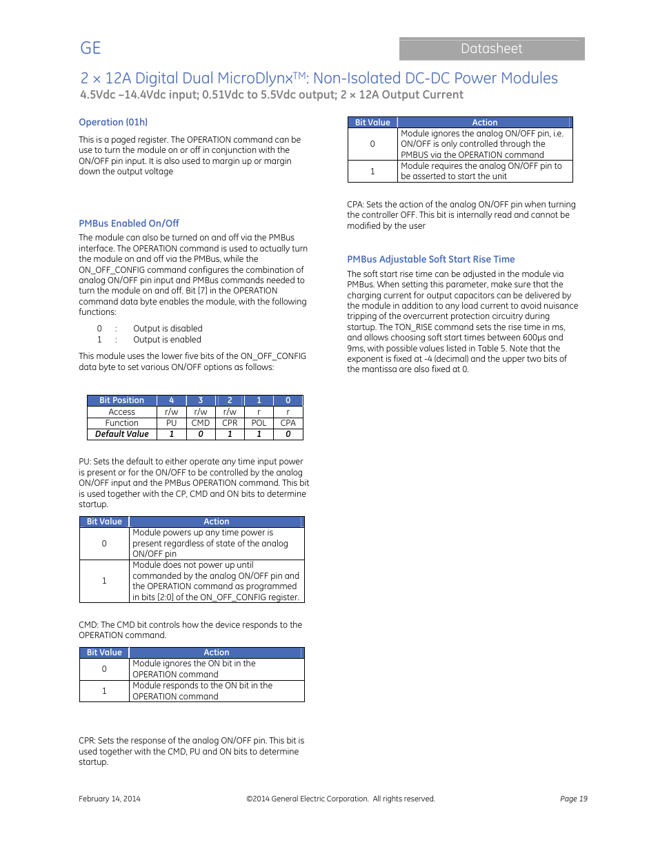 2 × 12a digital dual microdlynx, Non-isolated dc-dc power modules, Datasheet | GE Industrial Solutions 2 × 12A Digital Dual Output MicroDLynx User Manual | Page 19 / 36