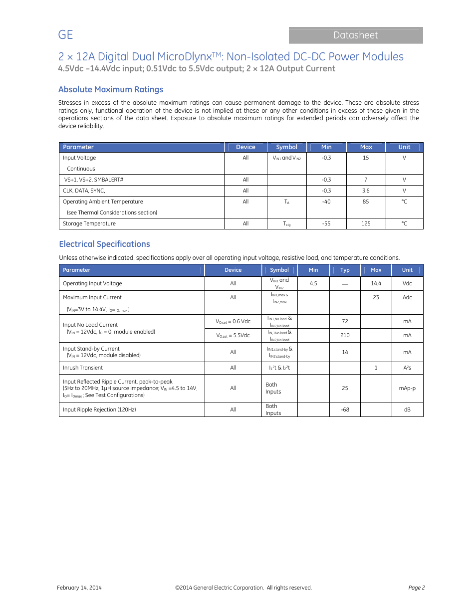2 × 12a digital dual microdlynx, Non-isolated dc-dc power modules, Datasheet | Absolute maximum ratings, Electrical specifications | GE Industrial Solutions 2 × 12A Digital Dual Output MicroDLynx User Manual | Page 2 / 36