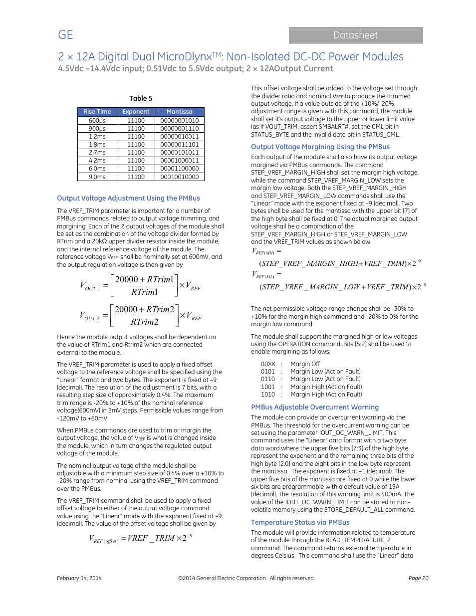 2 × 12a digital dual microdlynx, Non-isolated dc-dc power modules, Datasheet | GE Industrial Solutions 2 × 12A Digital Dual Output MicroDLynx User Manual | Page 20 / 36