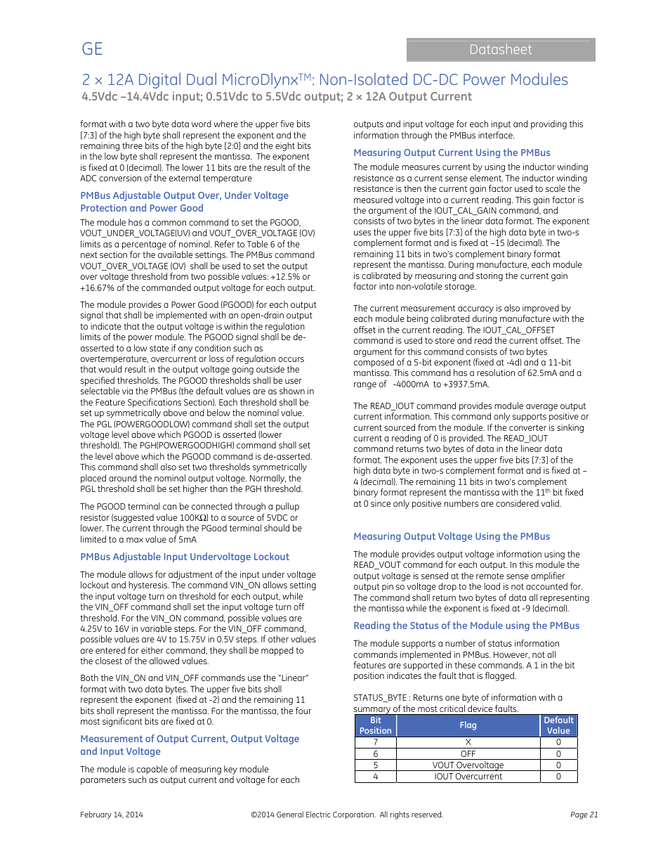 2 × 12a digital dual microdlynx, Non-isolated dc-dc power modules, Datasheet | GE Industrial Solutions 2 × 12A Digital Dual Output MicroDLynx User Manual | Page 21 / 36