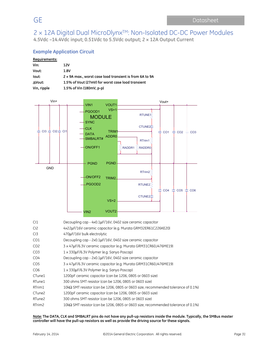 2 × 12a digital dual microdlynx, Non-isolated dc-dc power modules, Datasheet | Example application circuit, Module | GE Industrial Solutions 2 × 12A Digital Dual Output MicroDLynx User Manual | Page 31 / 36