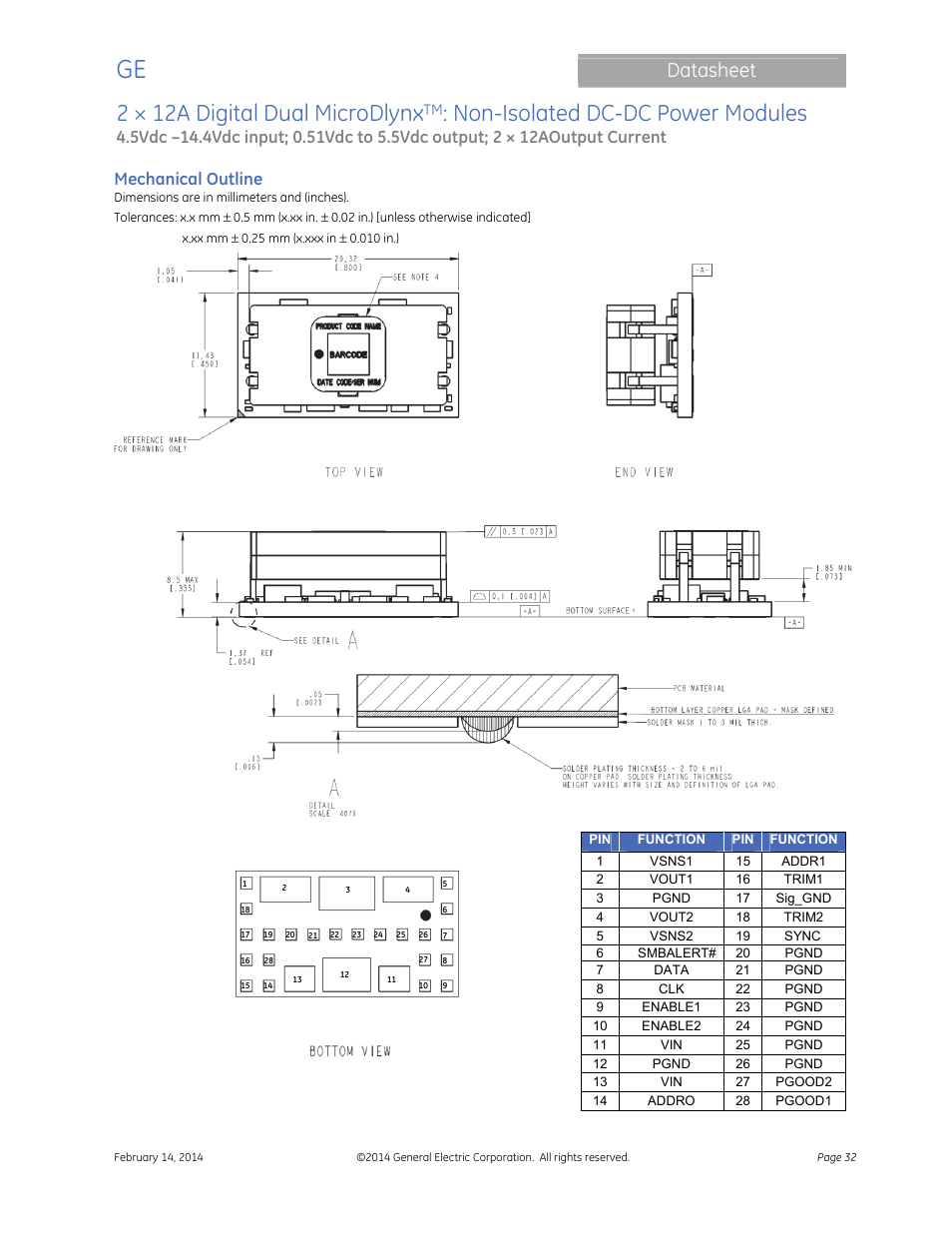 2 × 12a digital dual microdlynx, Non-isolated dc-dc power modules, Datasheet | Mechanical outline | GE Industrial Solutions 2 × 12A Digital Dual Output MicroDLynx User Manual | Page 32 / 36