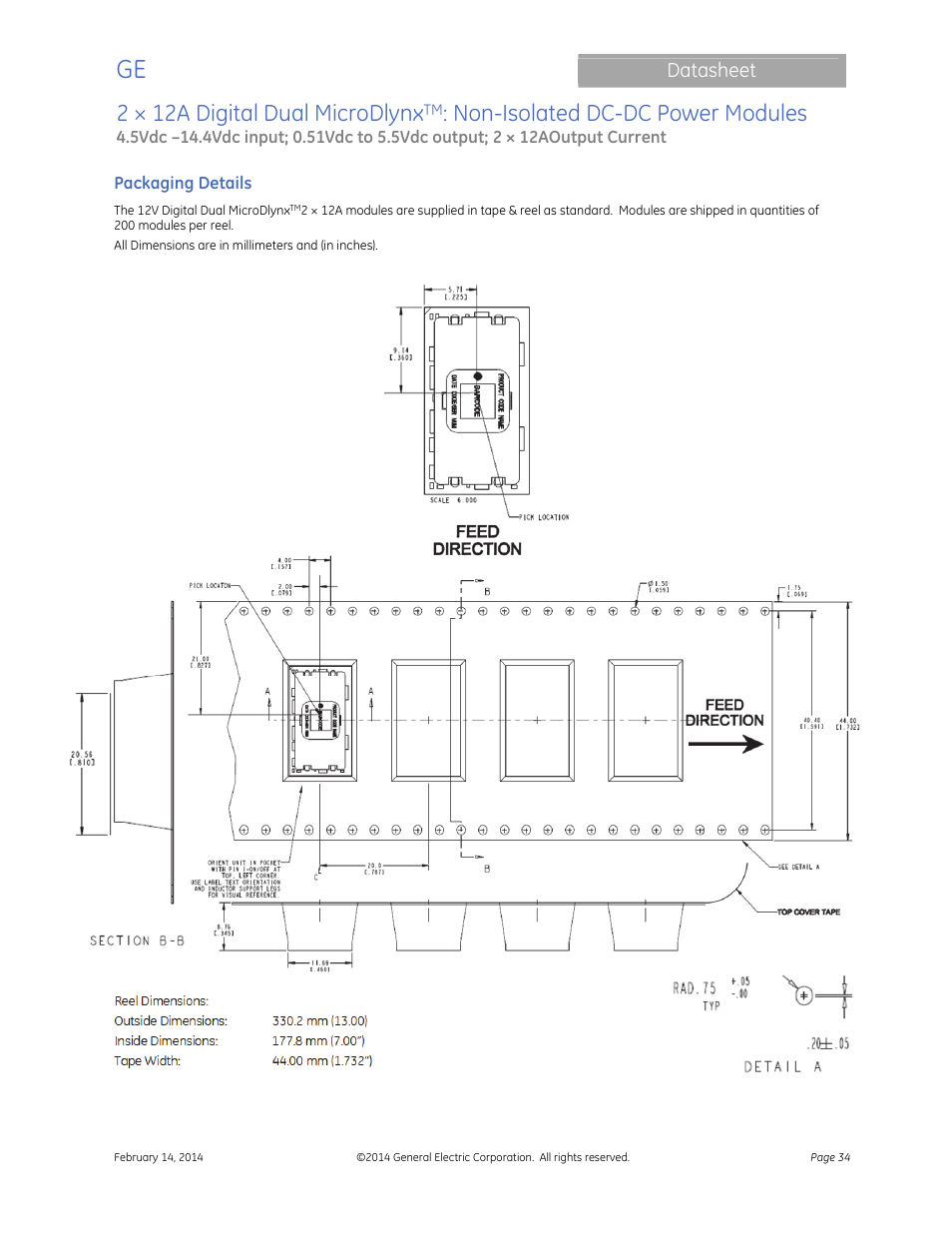 2 × 12a digital dual microdlynx, Non-isolated dc-dc power modules, Datasheet | GE Industrial Solutions 2 × 12A Digital Dual Output MicroDLynx User Manual | Page 34 / 36