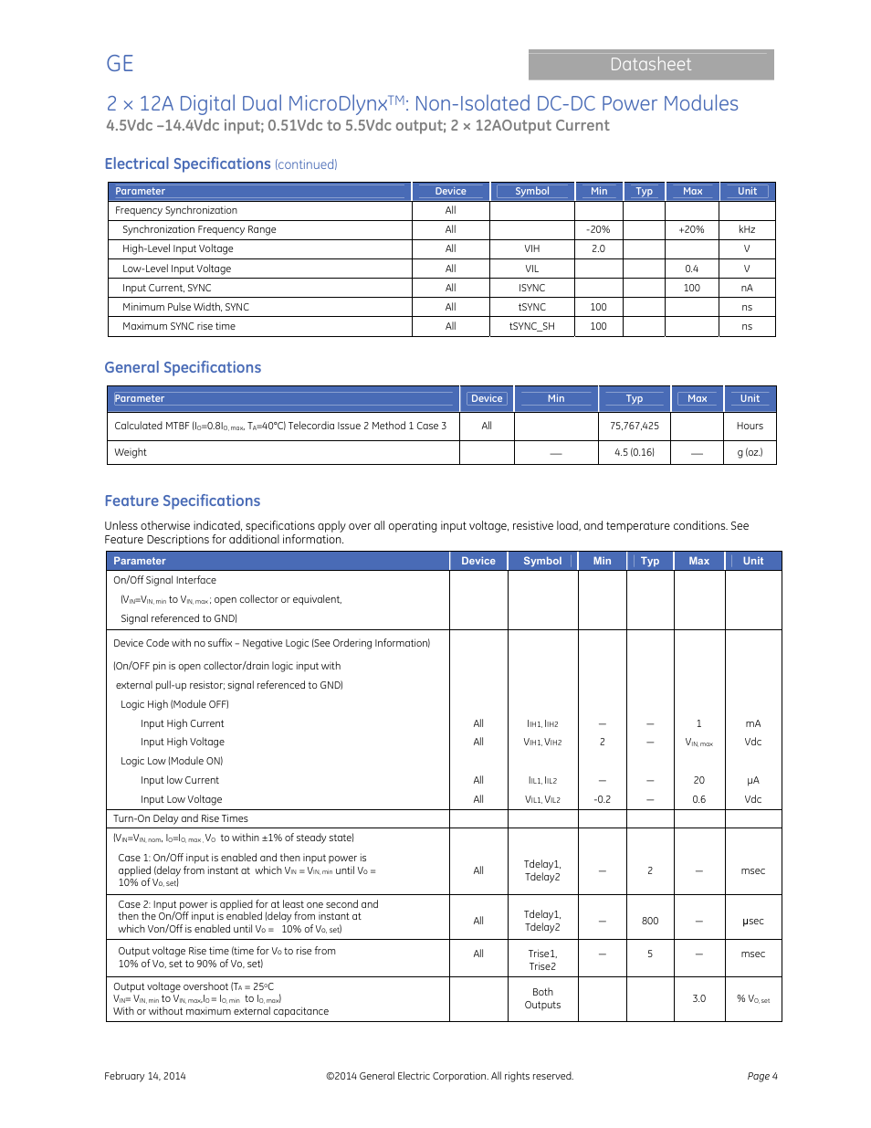 2 × 12a digital dual microdlynx, Non-isolated dc-dc power modules, Datasheet | Electrical specifications, General specifications, Feature specifications | GE Industrial Solutions 2 × 12A Digital Dual Output MicroDLynx User Manual | Page 4 / 36