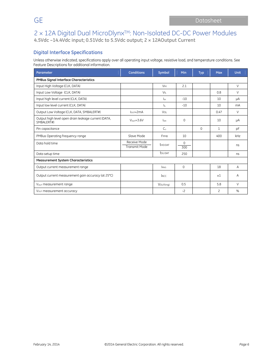 2 × 12a digital dual microdlynx, Non-isolated dc-dc power modules, Datasheet | Digital interface specifications | GE Industrial Solutions 2 × 12A Digital Dual Output MicroDLynx User Manual | Page 6 / 36
