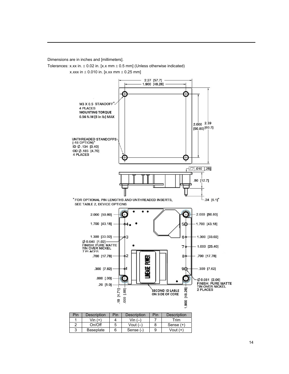 Mechanical outline for through-hole module | GE Industrial Solutions JNC350R Series User Manual | Page 14 / 16