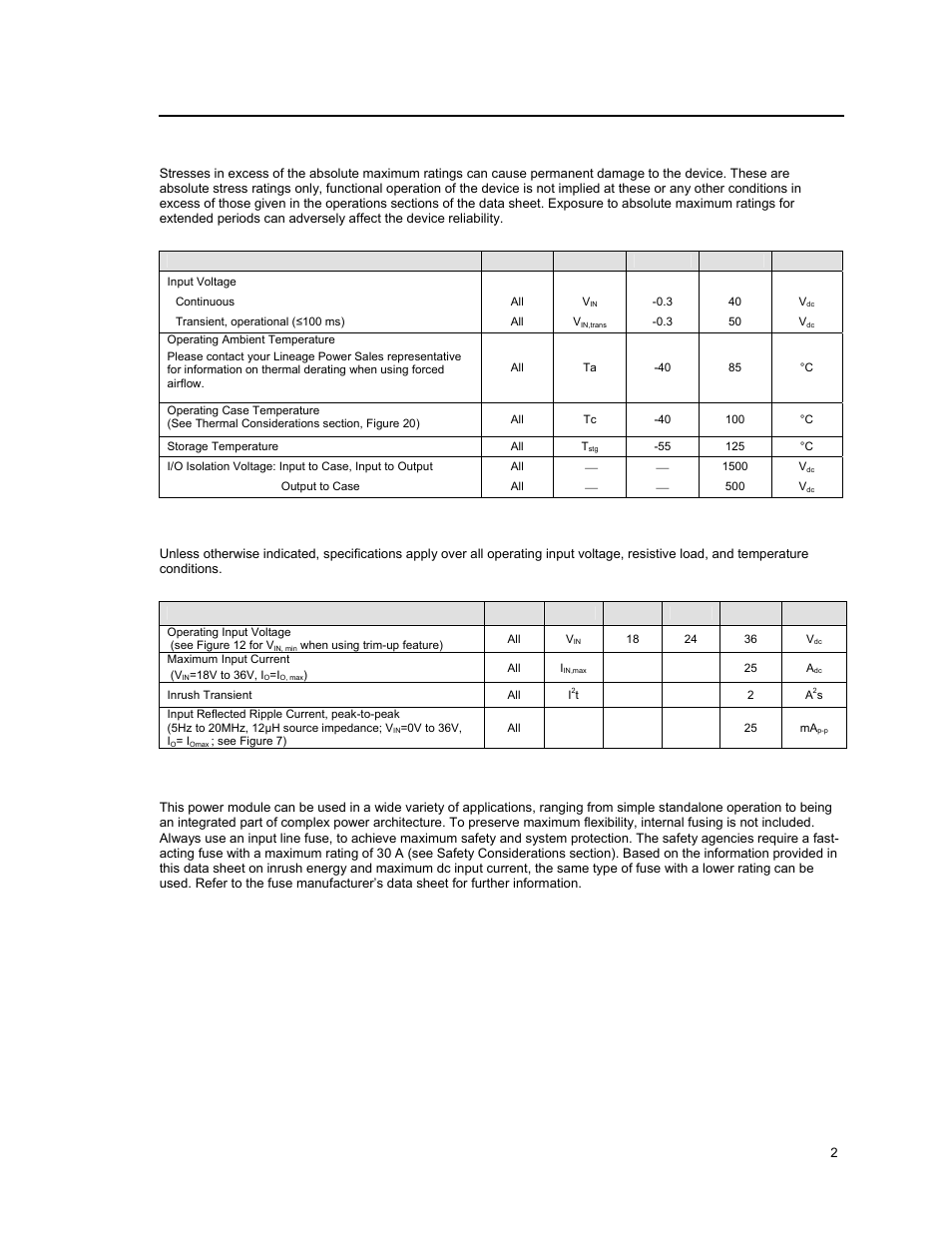 Absolute maximum ratings, Electrical specifications | GE Industrial Solutions JNC350R Series User Manual | Page 2 / 16