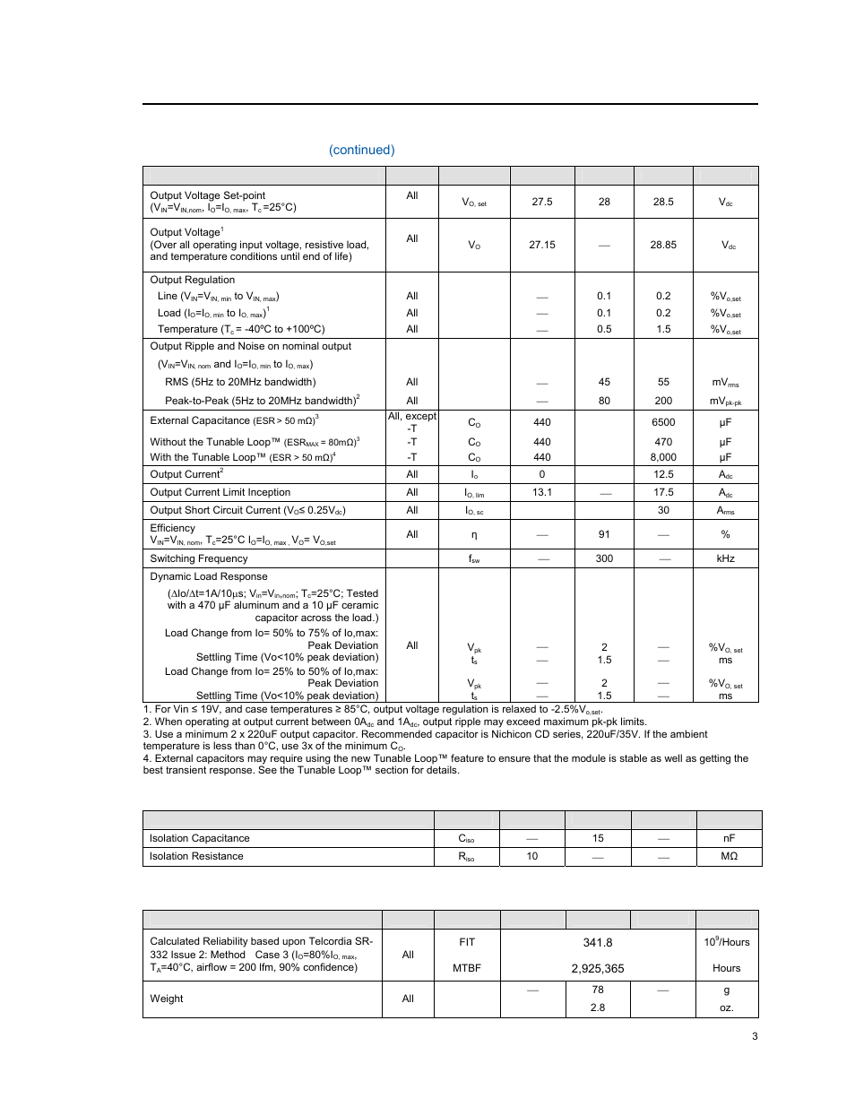 Electrical specifications, Isolation specifications, General specifications | Continued) | GE Industrial Solutions JNC350R Series User Manual | Page 3 / 16