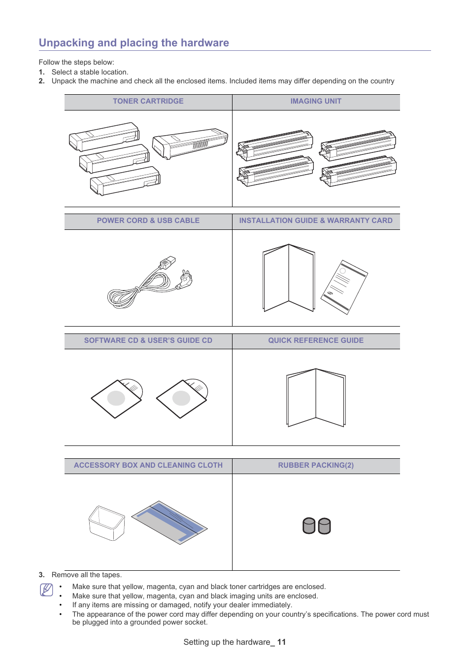 Unpacking and placing the hardware | Samsung CLX-9250ND User Manual | Page 12 / 69