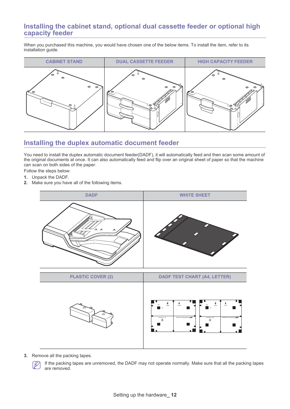 Ity feeder, Installing the duplex automatic document feeder | Samsung CLX-9250ND User Manual | Page 13 / 69