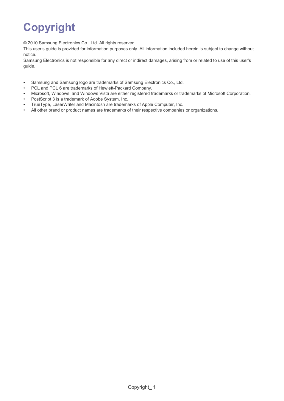 Copyright | Samsung CLX-9250ND User Manual | Page 2 / 69