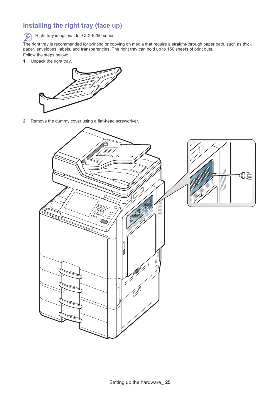 Installing the right tray (face up) | Samsung CLX-9250ND User Manual | Page 26 / 69