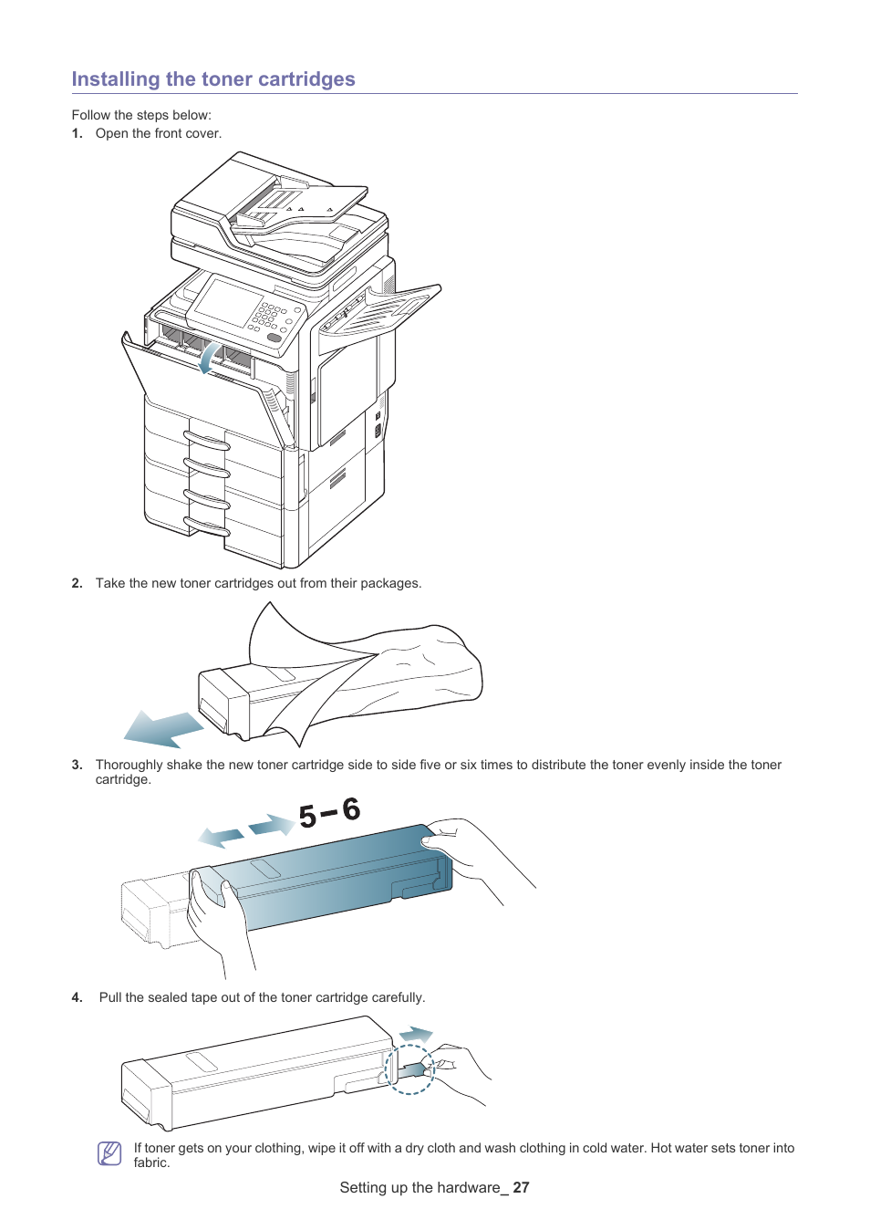 Installing the toner cartridges | Samsung CLX-9250ND User Manual | Page 28 / 69