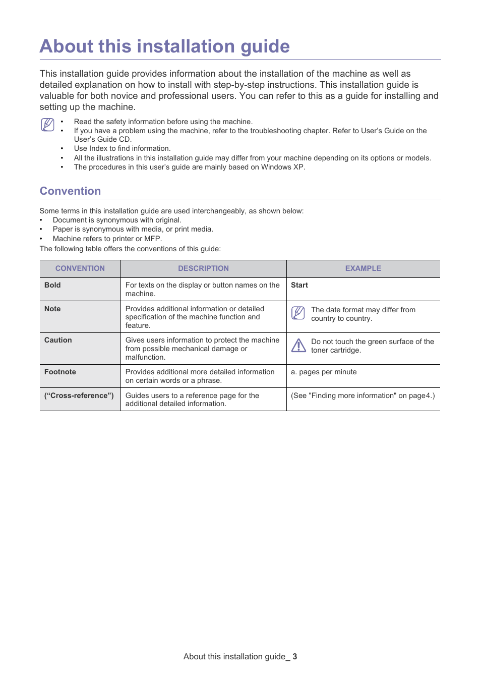 About this installation guide, Convention | Samsung CLX-9250ND User Manual | Page 4 / 69