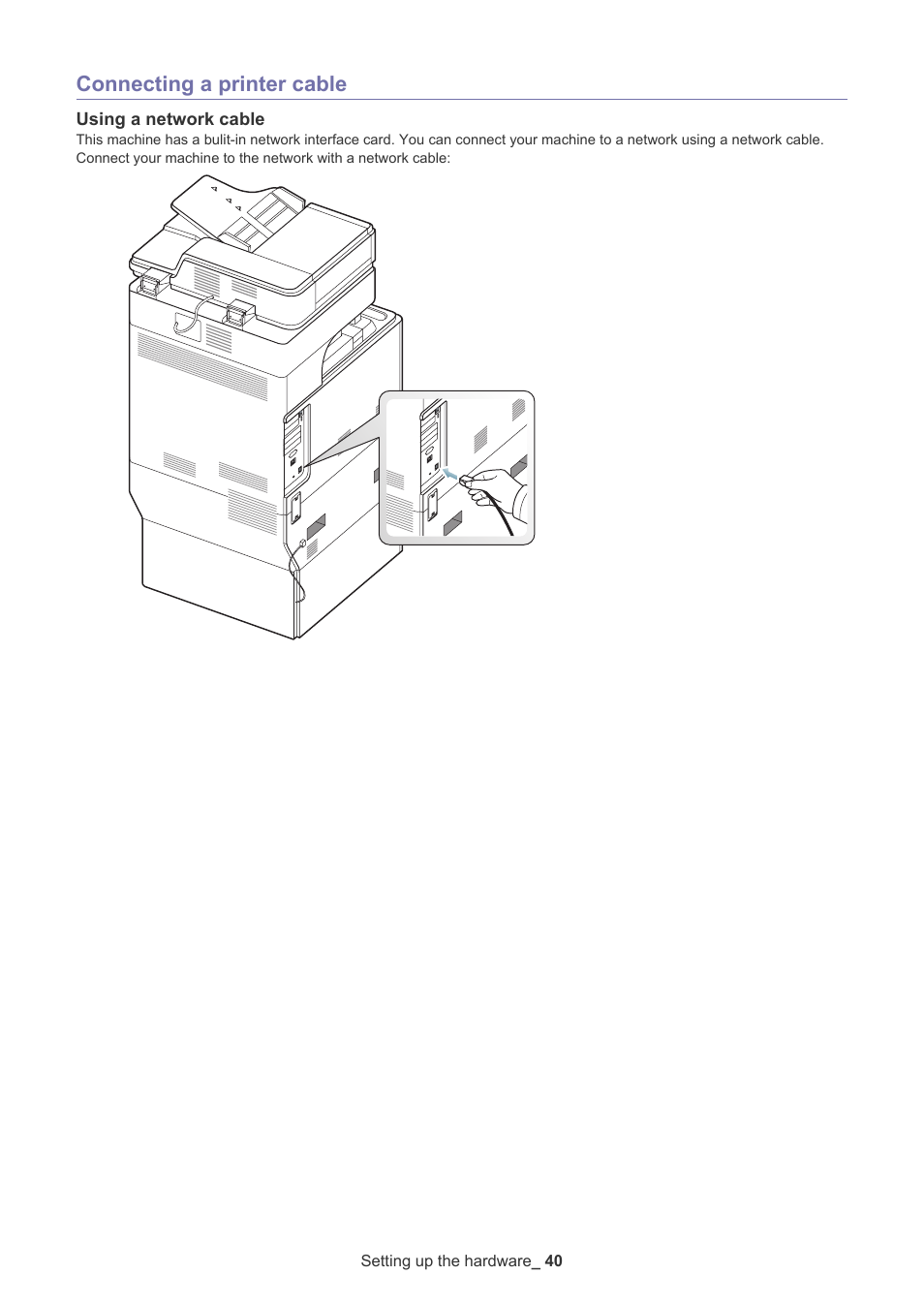 Connecting a printer cable, Using a network cable | Samsung CLX-9250ND User Manual | Page 41 / 69