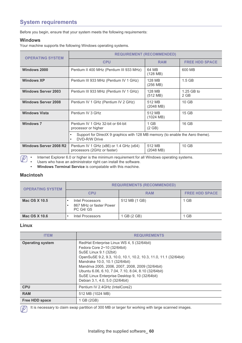 System requirements, Windows, Macintosh | Linux, Macintosh linux | Samsung CLX-9250ND User Manual | Page 61 / 69