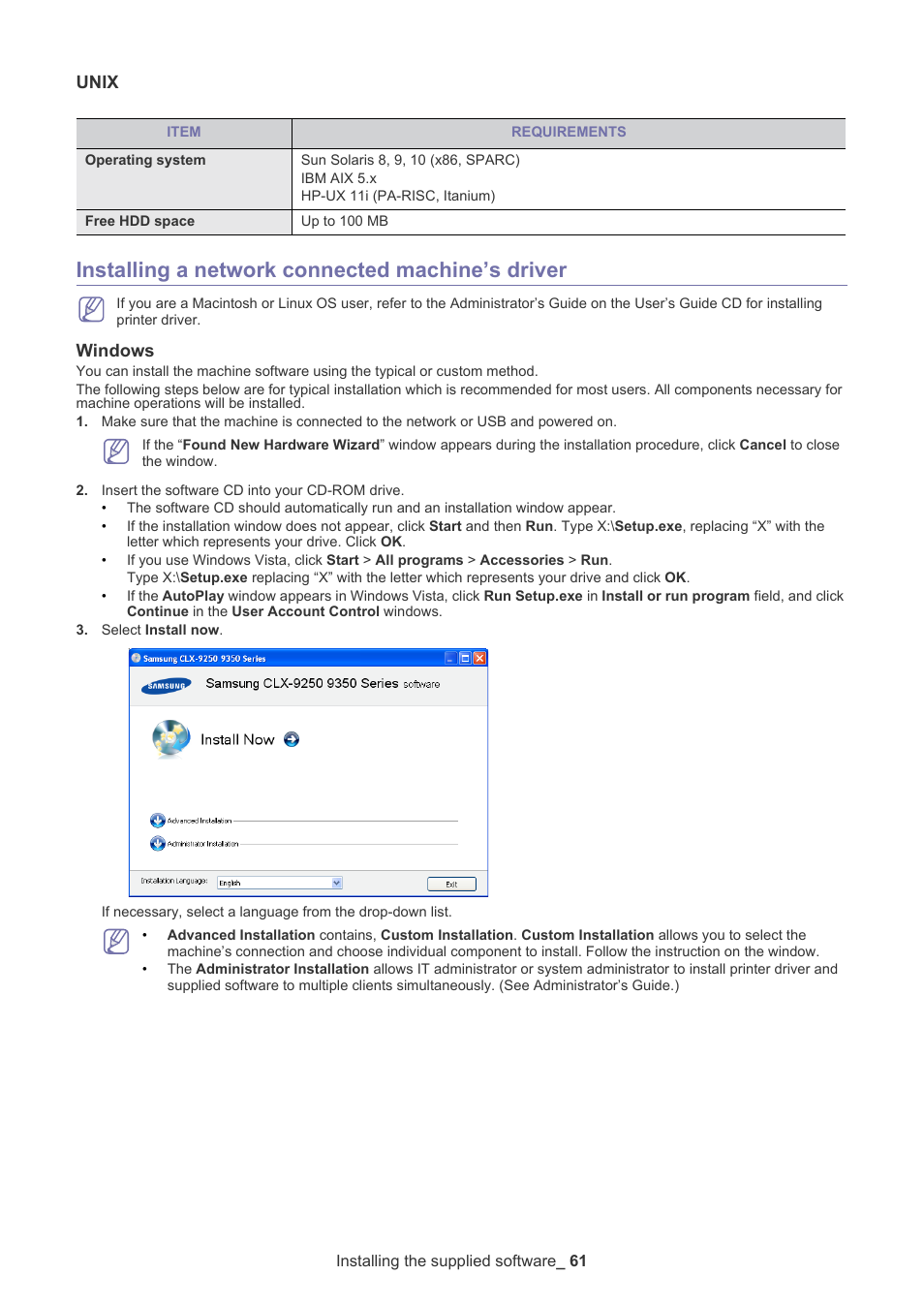 Unix, Installing a network connected machine’s driver, Windows | Samsung CLX-9250ND User Manual | Page 62 / 69