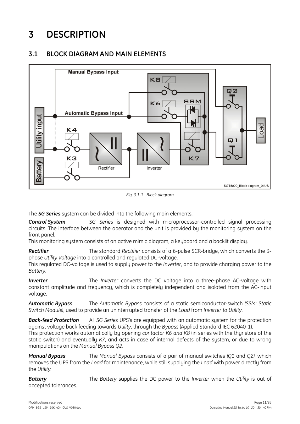 Description, 1 block diagram and main elements, Block diagram and main elements | 3 description | GE Industrial Solutions SG Series 10 – 20 – 30 – 40 kVA Operating Manual User Manual | Page 11 / 83