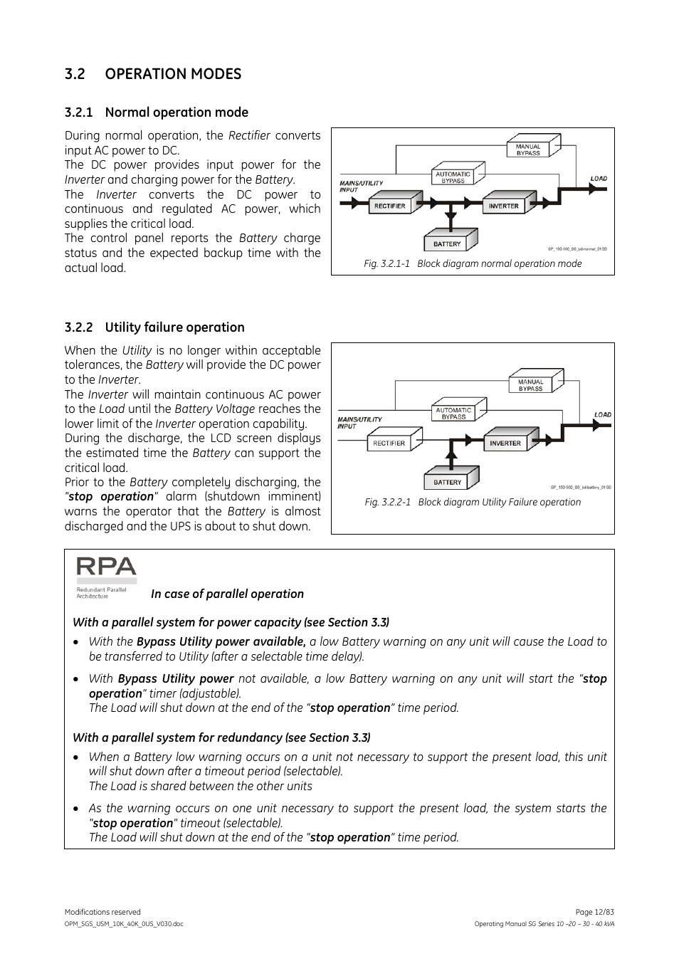 Operation modes, Normal operation mode, Utility failure operation | 2 operation modes | GE Industrial Solutions SG Series 10 – 20 – 30 – 40 kVA Operating Manual User Manual | Page 12 / 83