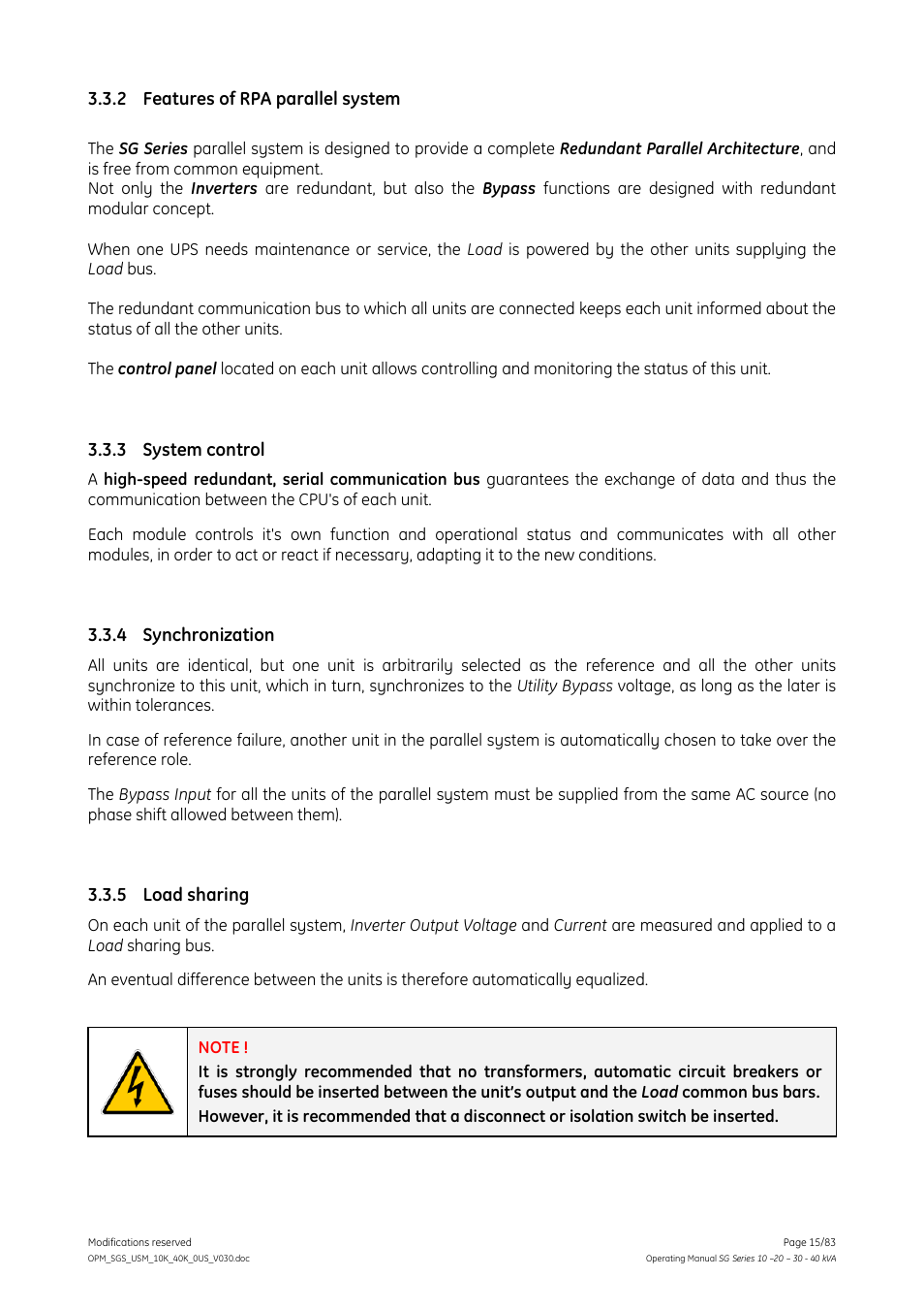 2 features of rpa parallel system, 3 system control, Synchronization | 5 load sharing, Features of rpa parallel system, System control, Load sharing, 4 synchronization | GE Industrial Solutions SG Series 10 – 20 – 30 – 40 kVA Operating Manual User Manual | Page 15 / 83