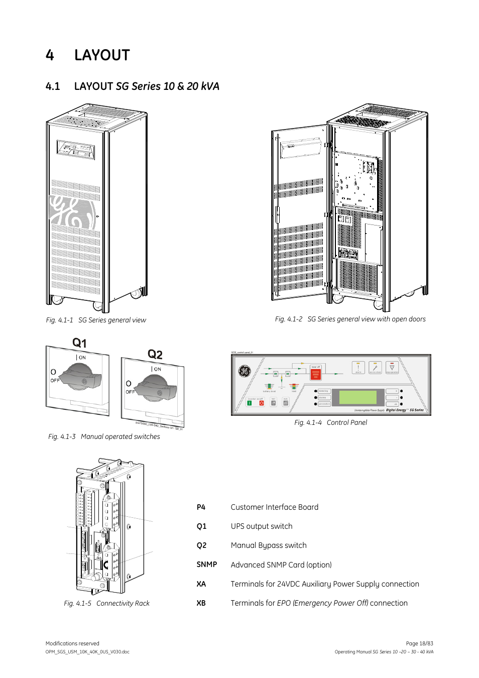 Layout, Layout sg series 10 & 20 kva, 4 layout | Fig. 4.1-1 sg series general view, Fig. 4.1-2 sg series general view with open doors, Fig. 4.1-5 connectivity rack | GE Industrial Solutions SG Series 10 – 20 – 30 – 40 kVA Operating Manual User Manual | Page 18 / 83