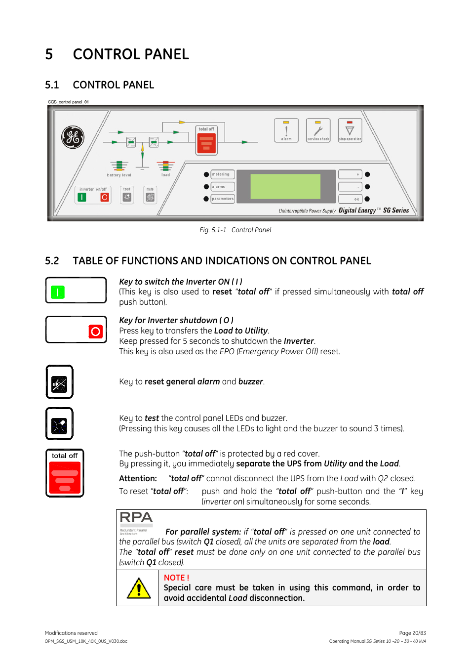 5 control panel, 1 control panel, Control panel | GE Industrial Solutions SG Series 10 – 20 – 30 – 40 kVA Operating Manual User Manual | Page 20 / 83