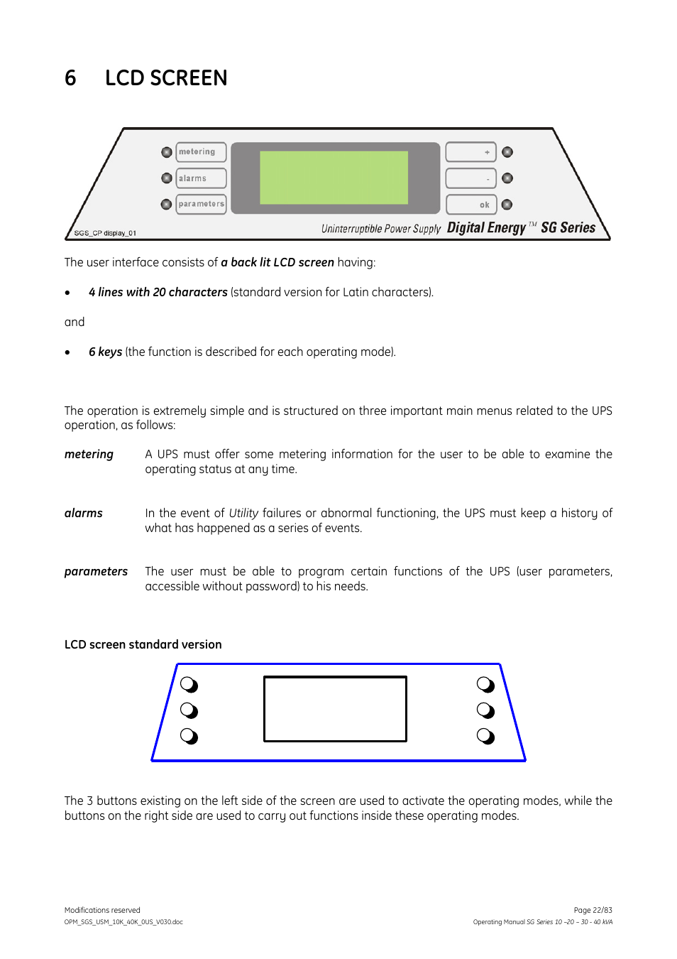 Lcd screen, 6 lcd screen | GE Industrial Solutions SG Series 10 – 20 – 30 – 40 kVA Operating Manual User Manual | Page 22 / 83