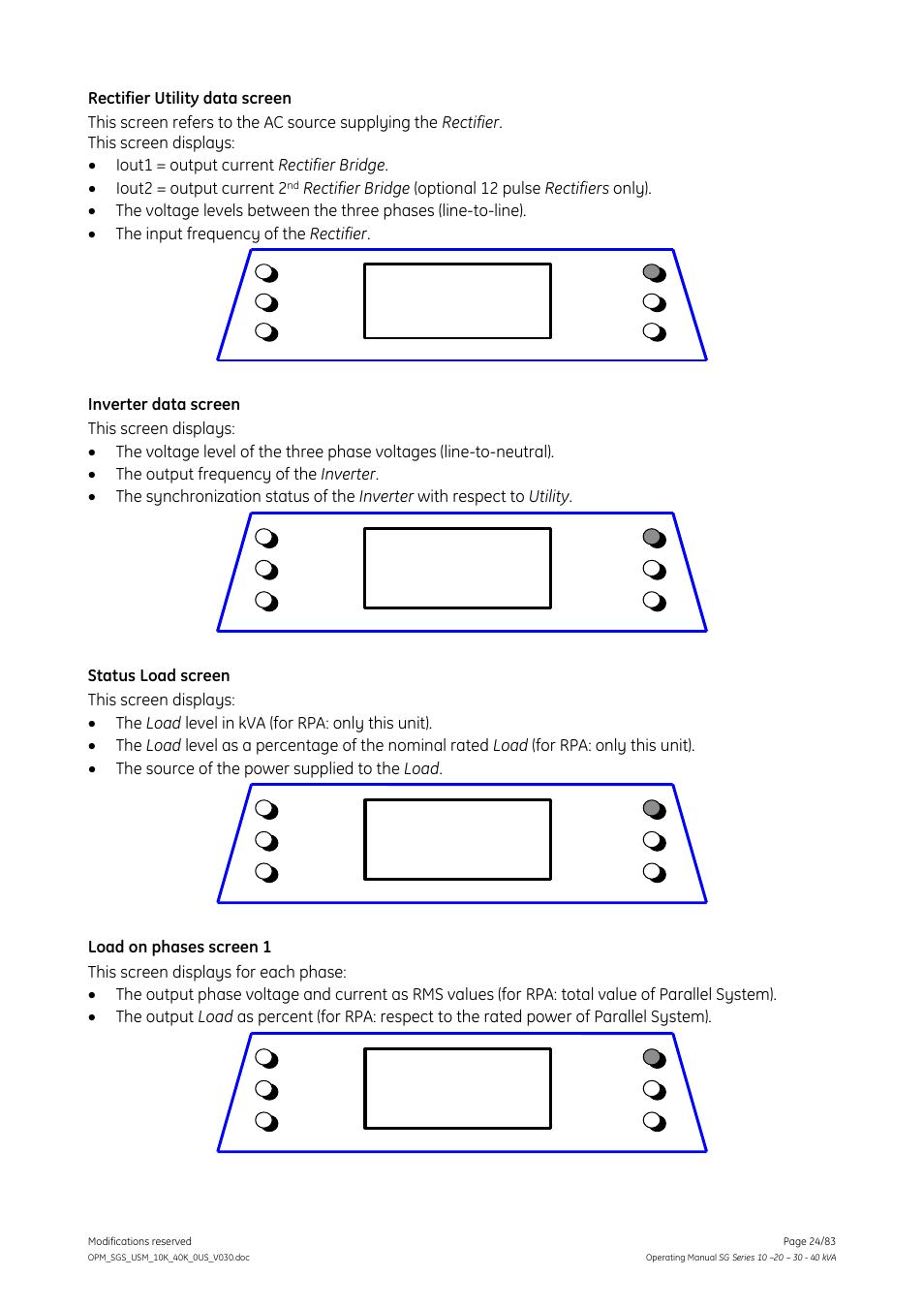 GE Industrial Solutions SG Series 10 – 20 – 30 – 40 kVA Operating Manual User Manual | Page 24 / 83