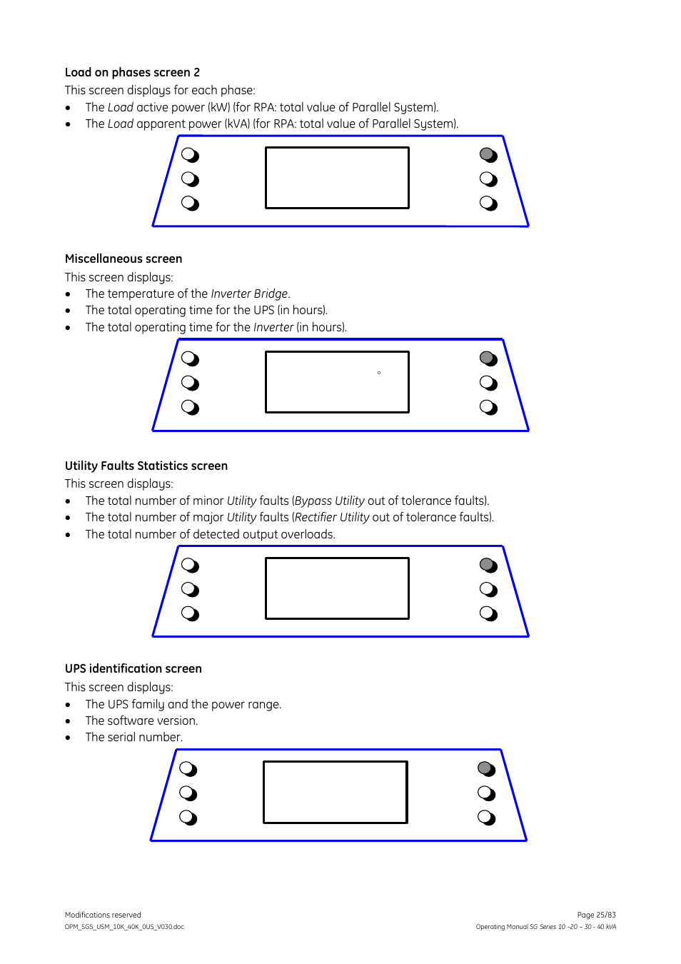 GE Industrial Solutions SG Series 10 – 20 – 30 – 40 kVA Operating Manual User Manual | Page 25 / 83