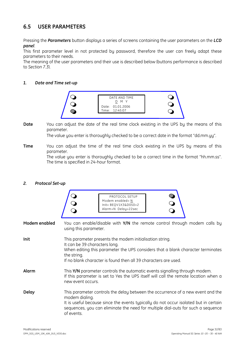 5 user parameters, User parameters | GE Industrial Solutions SG Series 10 – 20 – 30 – 40 kVA Operating Manual User Manual | Page 32 / 83