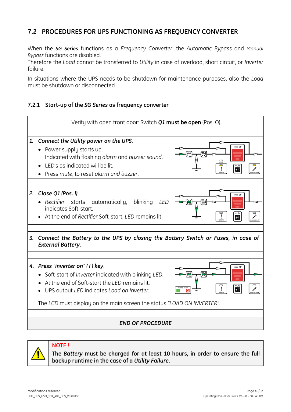 1 start-up of the sg series as frequency converter, Start-up of the sg series as frequency converter | GE Industrial Solutions SG Series 10 – 20 – 30 – 40 kVA Operating Manual User Manual | Page 49 / 83
