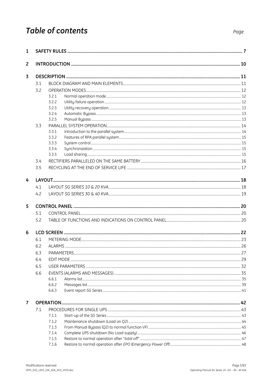 GE Industrial Solutions SG Series 10 – 20 – 30 – 40 kVA Operating Manual User Manual | Page 5 / 83