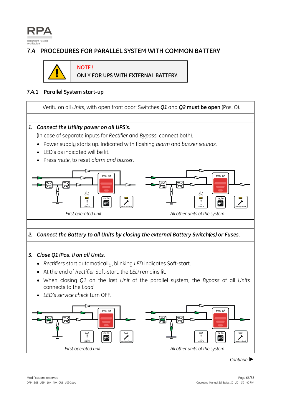 1 parallel system start-up, Procedures for parallel system with common battery, Parallel system start-up | GE Industrial Solutions SG Series 10 – 20 – 30 – 40 kVA Operating Manual User Manual | Page 66 / 83