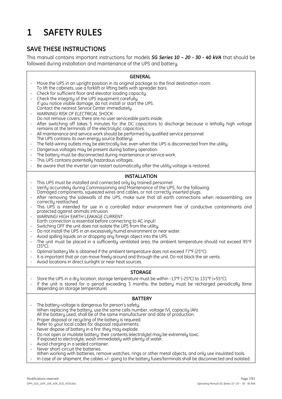 Safety rules, 1 safety rules, Save these instructions | GE Industrial Solutions SG Series 10 – 20 – 30 – 40 kVA Operating Manual User Manual | Page 7 / 83