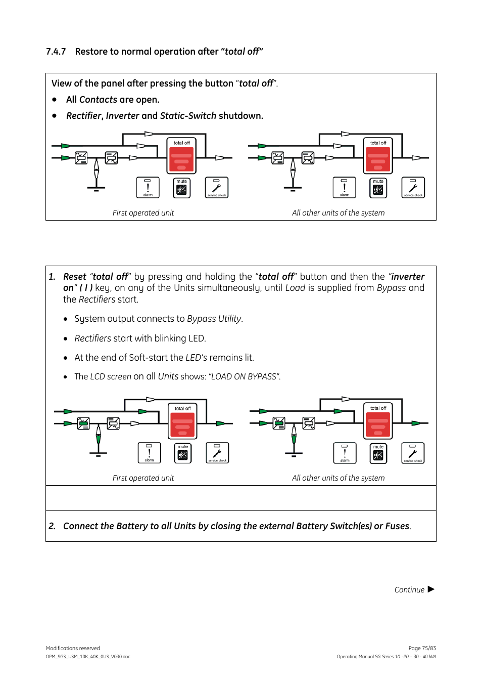 7 restore to normal operation after “total off, Restore to normal operation after “ total off | GE Industrial Solutions SG Series 10 – 20 – 30 – 40 kVA Operating Manual User Manual | Page 75 / 83