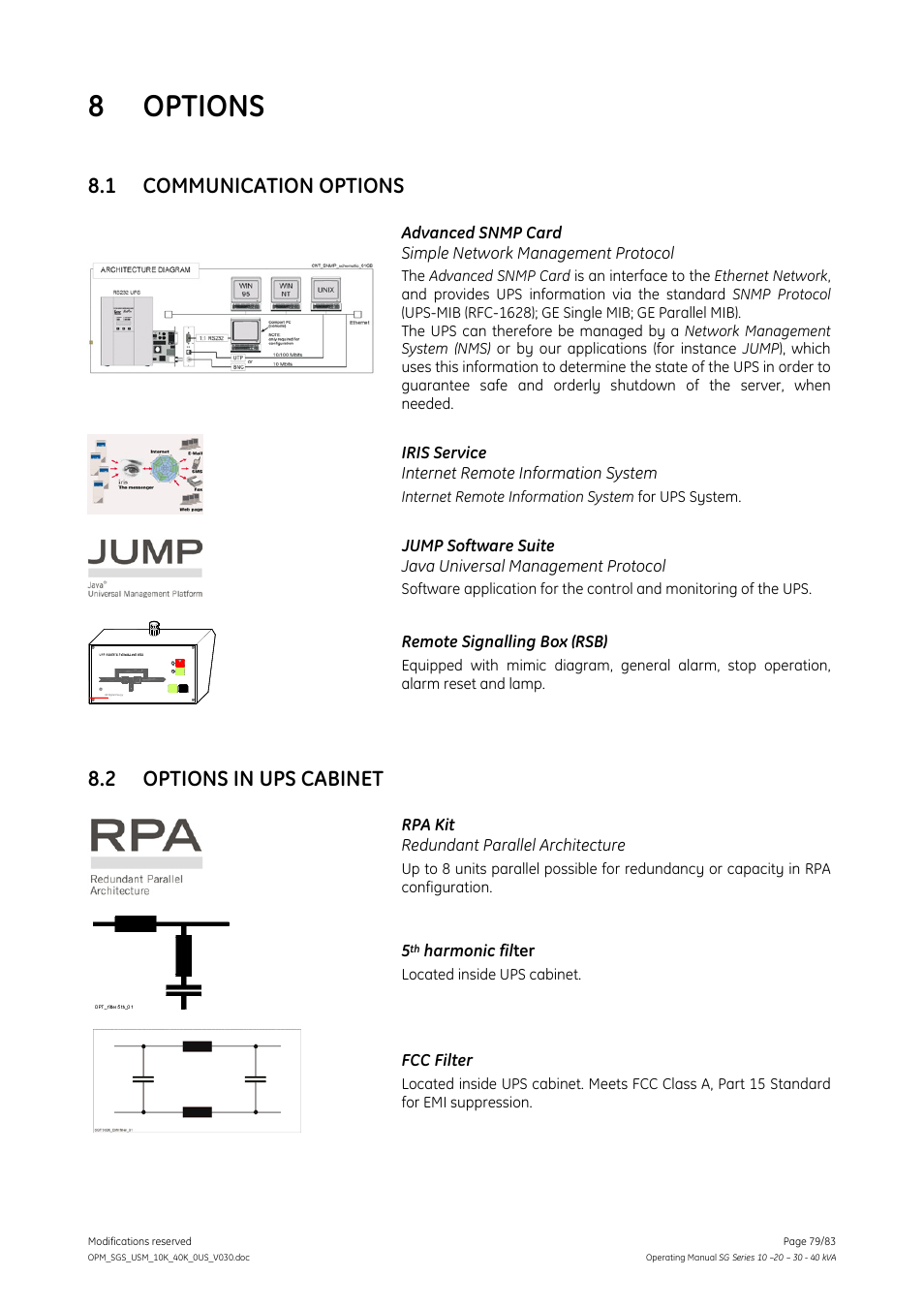 Options, 1 communication options, 2 options in ups cabinet | Communication options, Options in ups cabinet, 8 options | GE Industrial Solutions SG Series 10 – 20 – 30 – 40 kVA Operating Manual User Manual | Page 79 / 83