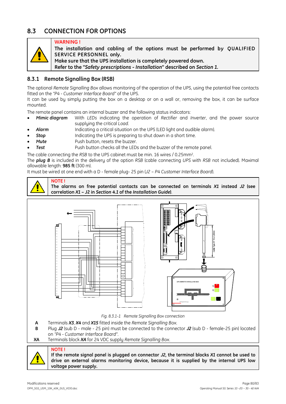Connection for options, 1 remote signalling box (rsb), Remote signalling box (rsb) | 3 connection for options, Fig. 8.3.1-1 remote signalling box connection, X3 x4, J2 xa | GE Industrial Solutions SG Series 10 – 20 – 30 – 40 kVA Operating Manual User Manual | Page 80 / 83