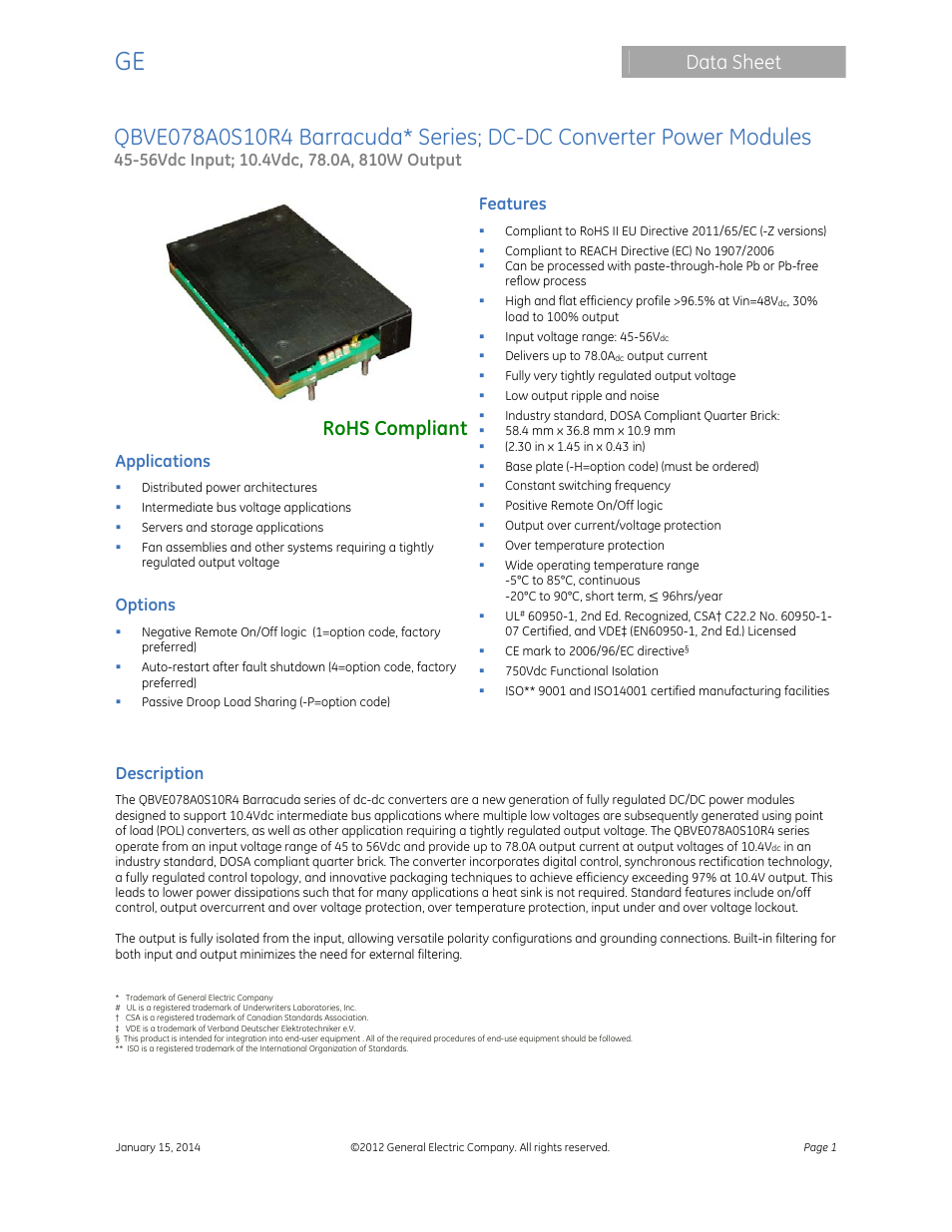 GE Industrial Solutions QBVE078A0S10R4 Barracuda Series User Manual | 17 pages