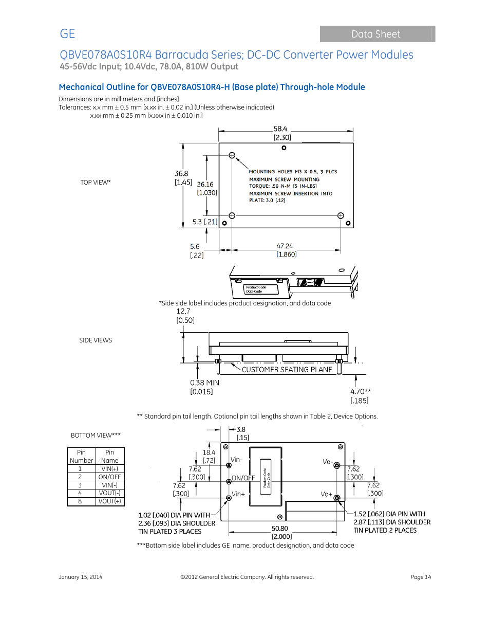 Data sheet | GE Industrial Solutions QBVE078A0S10R4 Barracuda Series User Manual | Page 14 / 17