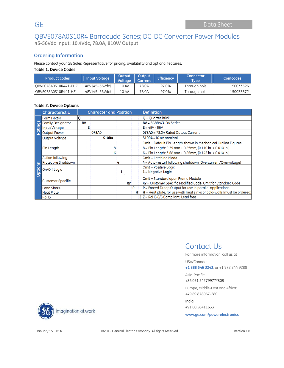 Contact us, Data sheet | GE Industrial Solutions QBVE078A0S10R4 Barracuda Series User Manual | Page 17 / 17