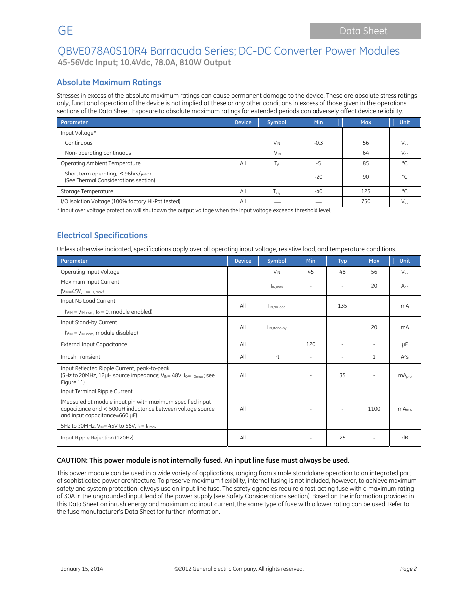 Data sheet, Absolute maximum ratings, Electrical specifications | GE Industrial Solutions QBVE078A0S10R4 Barracuda Series User Manual | Page 2 / 17