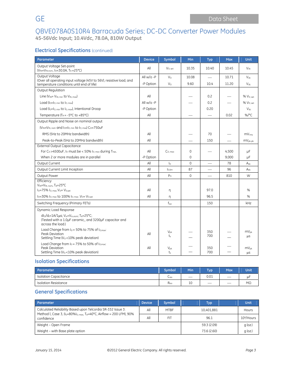 Data sheet, Electrical specifications, Isolation specifications | General specifications, Continued) | GE Industrial Solutions QBVE078A0S10R4 Barracuda Series User Manual | Page 3 / 17