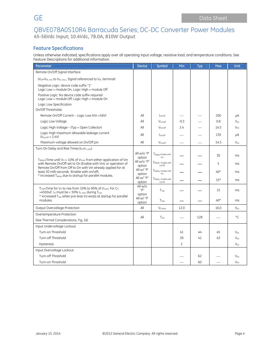 Data sheet, Feature specifications | GE Industrial Solutions QBVE078A0S10R4 Barracuda Series User Manual | Page 4 / 17