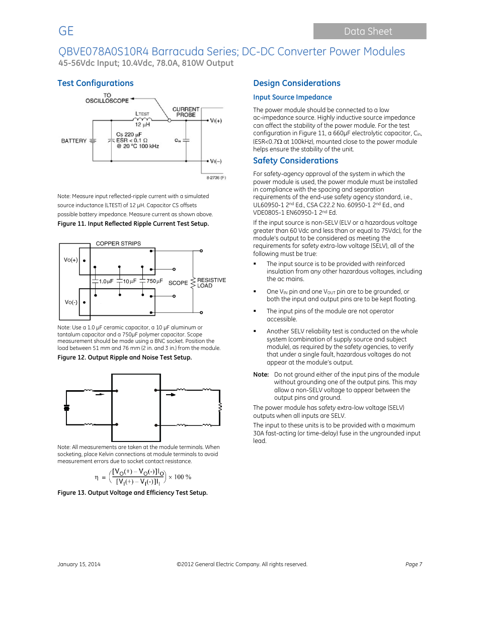 Data sheet, Test configurations, Design considerations | Safety considerations | GE Industrial Solutions QBVE078A0S10R4 Barracuda Series User Manual | Page 7 / 17